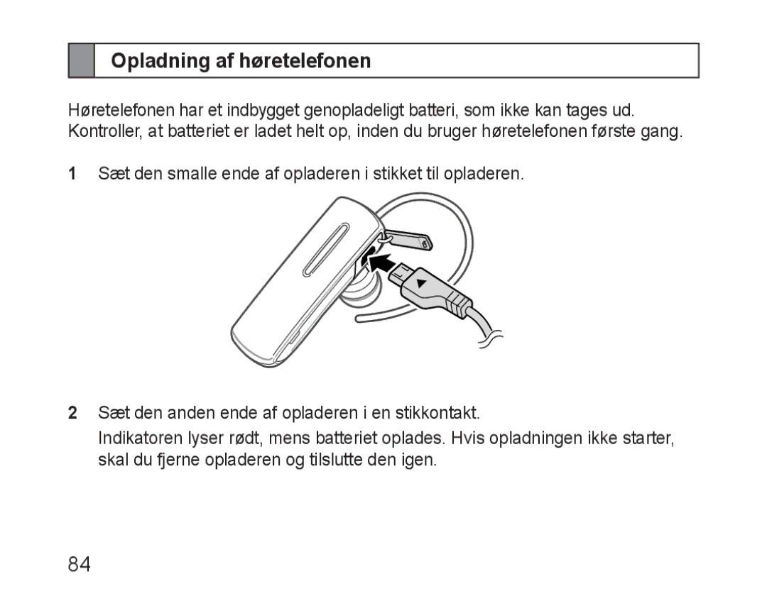 Samsung BHM1600EOECSER, BHM1600EBECXEF, BHM1600EOECXEF, BHM1600EOECXET, BHM1600EBECXET manual Opladning af høretelefonen 