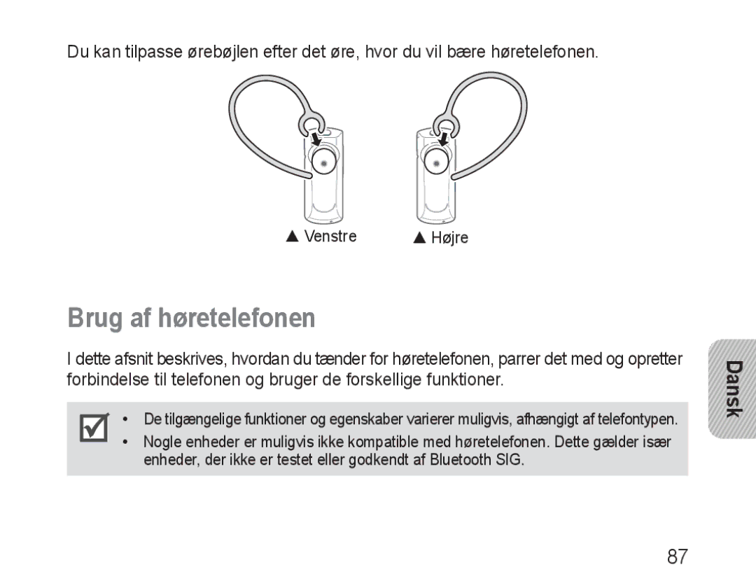 Samsung BHM1600EOECXEF, BHM1600EBECXEF, BHM1600EOECXET, BHM1600EBECXET, BHM1600EOECFOP, BHM1600EBECFOP Brug af høretelefonen 