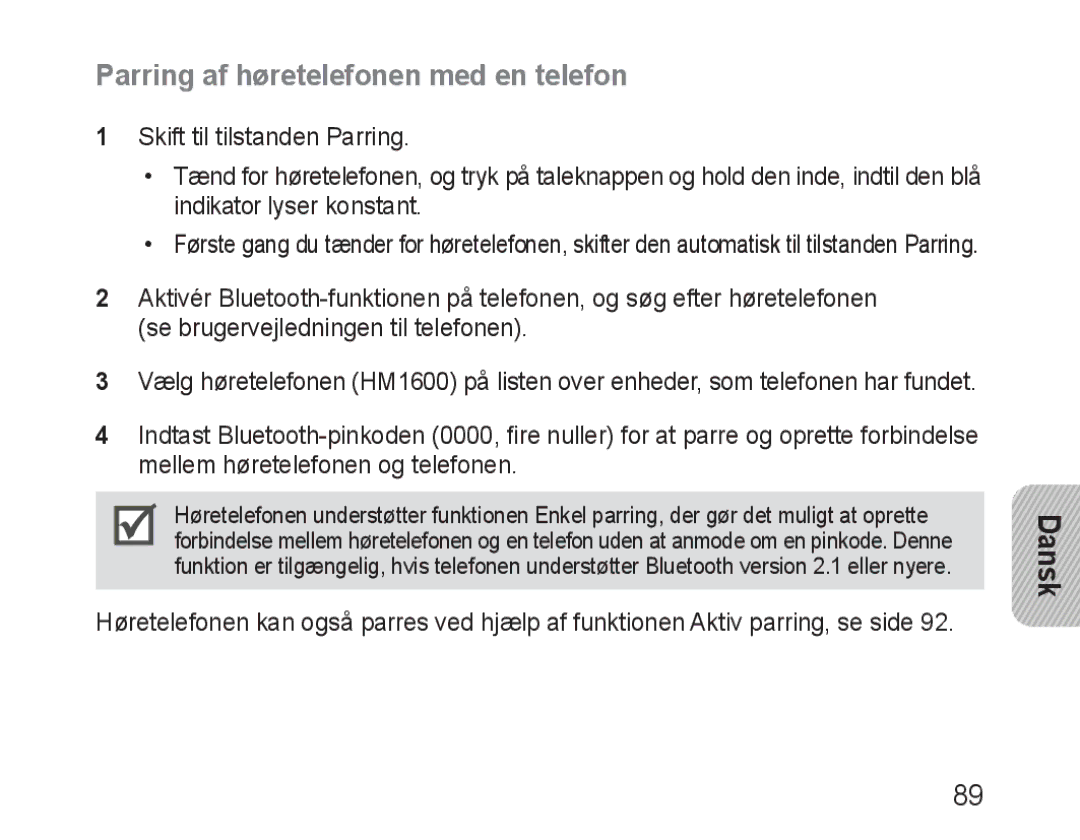 Samsung BHM1600EBECXET, BHM1600EBECXEF, BHM1600EOECXEF, BHM1600EOECXET manual Parring af høretelefonen med en telefon 