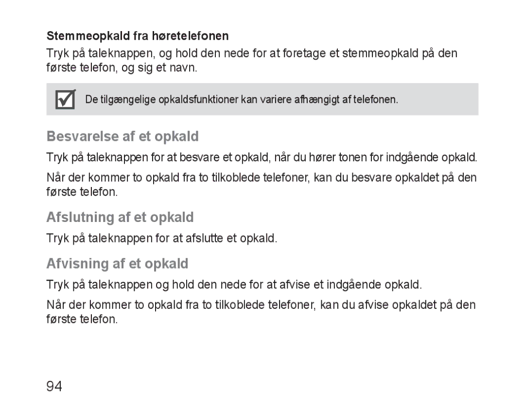 Samsung BHM1600EBECXEE, BHM1600EBECXEF manual Besvarelse af et opkald, Afslutning af et opkald, Afvisning af et opkald 