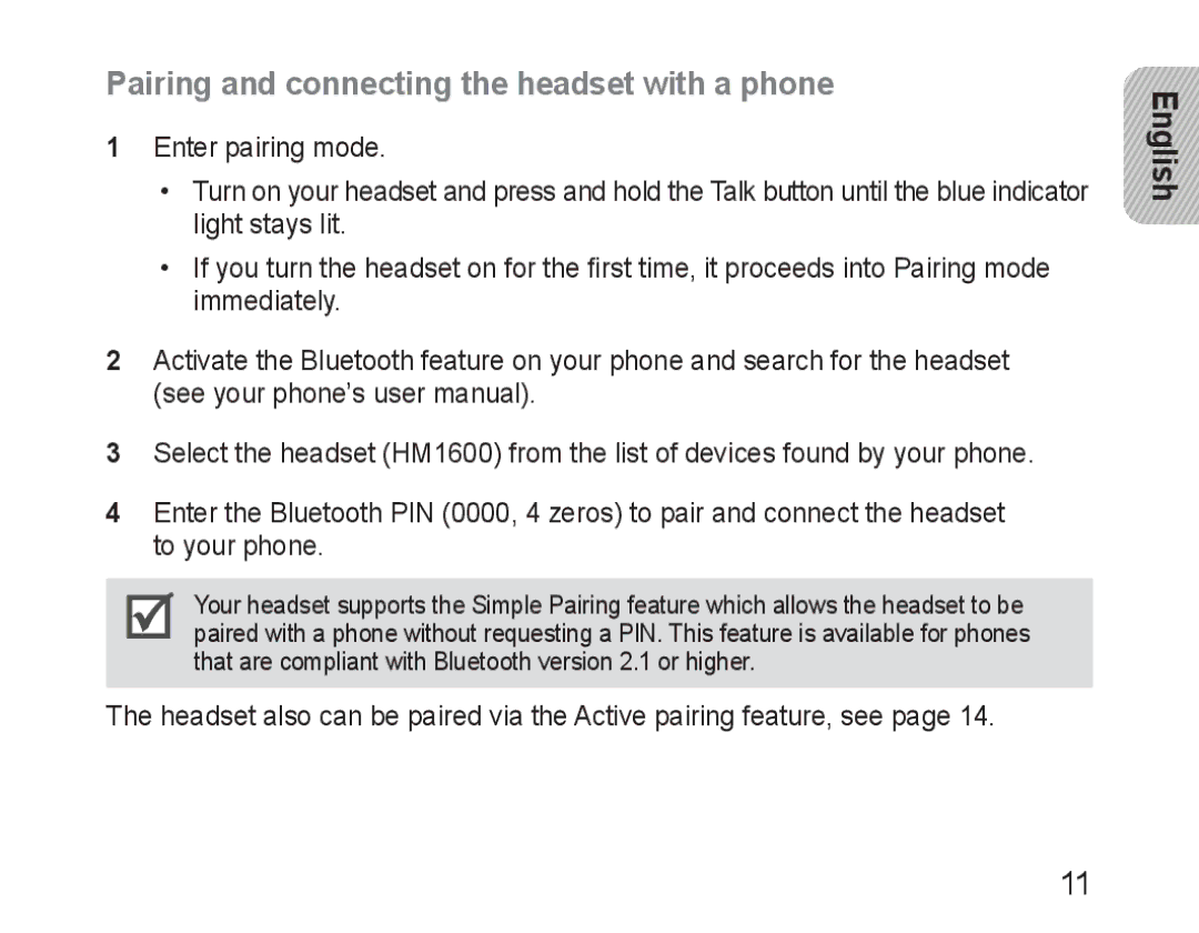 Samsung BHM1600EOECXET, BHM1600EBECXEF, BHM1600EOECXEF, BHM1600EBECXET manual Pairing and connecting the headset with a phone 