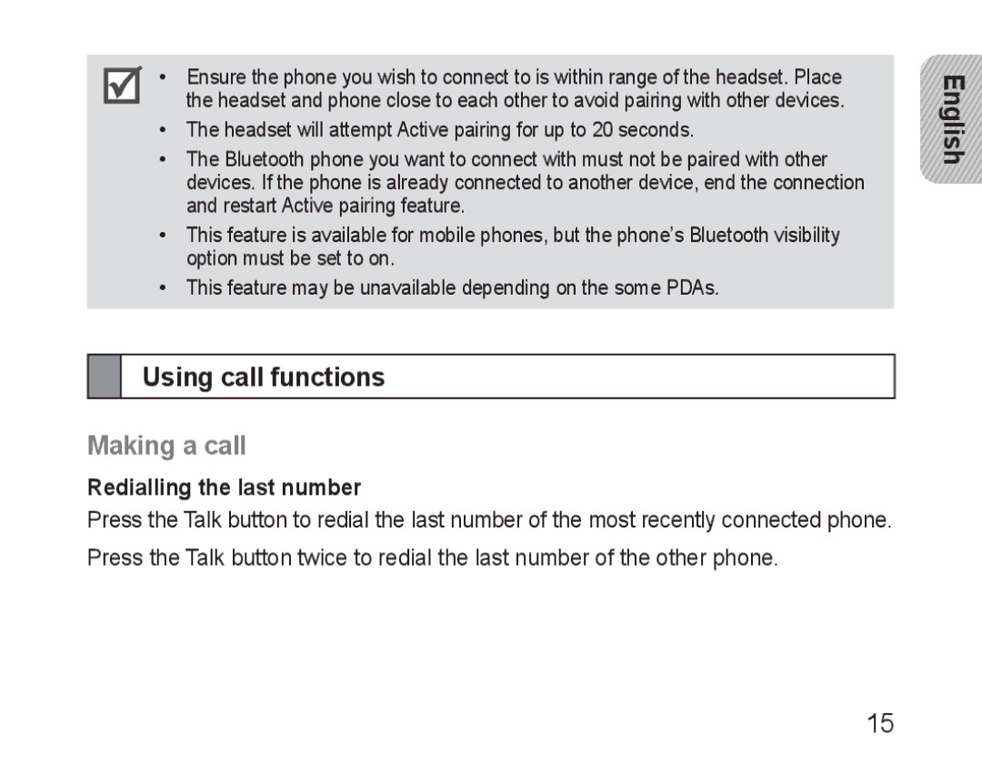 Samsung BHM1600EOECXEH, BHM1600EBECXEF manual English Using call functions, Making a call, Redialling the last number 