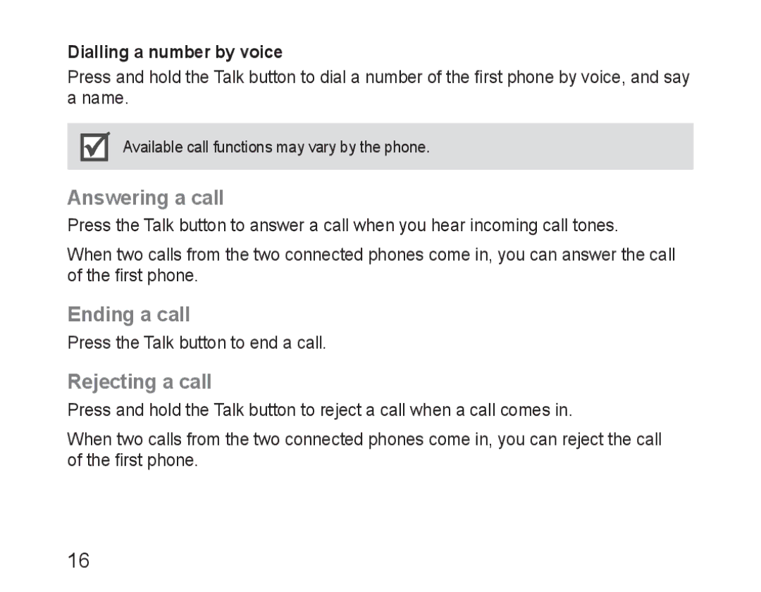 Samsung BHM1600EBECXEH, BHM1600EBECXEF manual Answering a call, Ending a call, Rejecting a call, Dialling a number by voice 