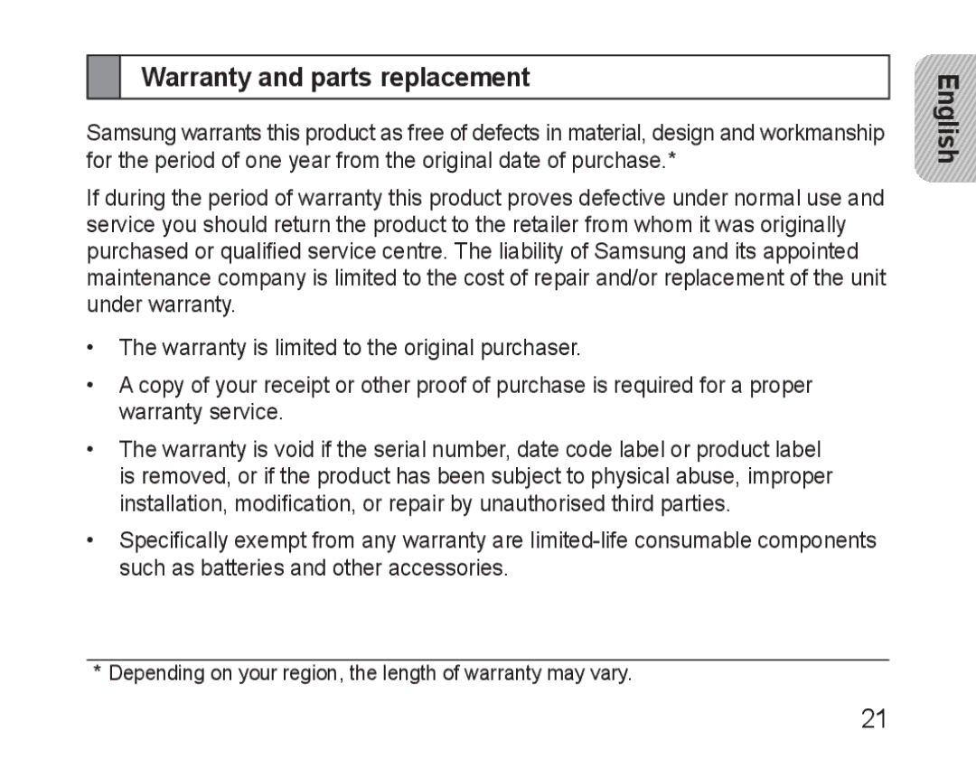 Samsung BHM1600EOECXEF, BHM1600EBECXEF, BHM1600EOECXET, BHM1600EBECXET, BHM1600EOECFOP manual Warranty and parts replacement 