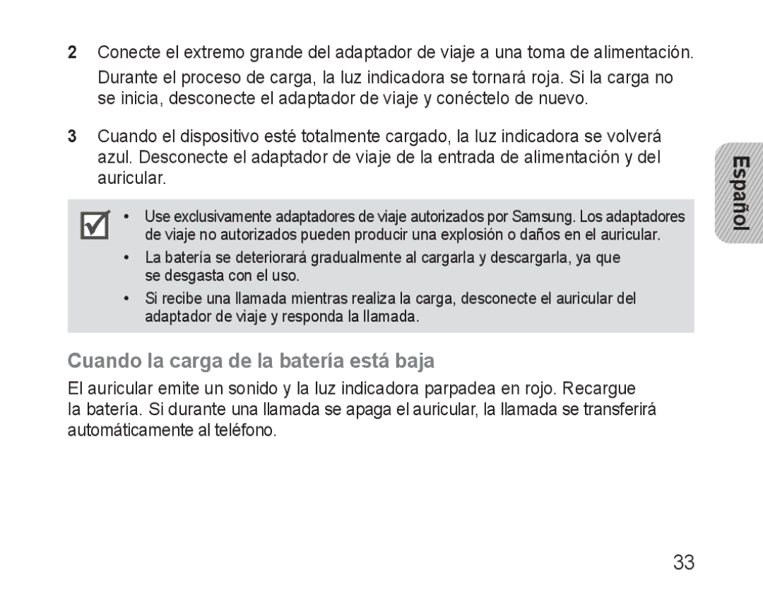 Samsung BHM1600EOECXET, BHM1600EBECXEF, BHM1600EOECXEF, BHM1600EBECXET manual Cuando la carga de la batería está baja 