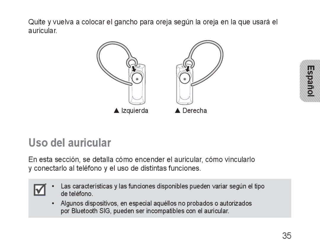 Samsung BHM1600EOECFOP, BHM1600EBECXEF, BHM1600EOECXEF, BHM1600EOECXET, BHM1600EBECXET manual Uso del auricular, Español 