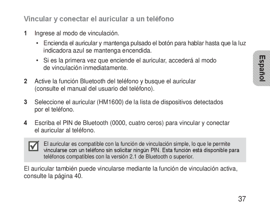 Samsung BHM1600EOECXEH, BHM1600EBECXEF, BHM1600EOECXEF manual Vincular y conectar el auricular a un teléfono, Español 