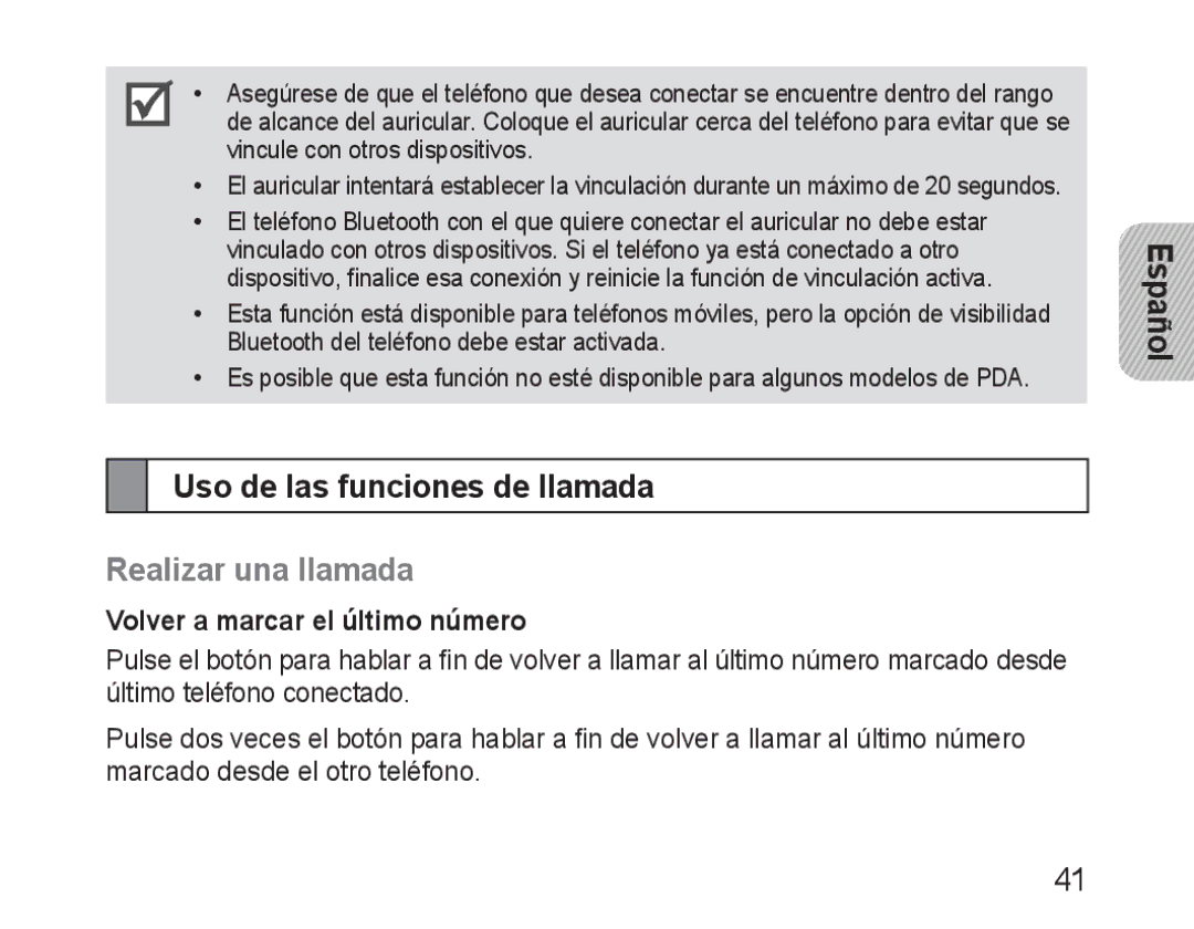 Samsung BHM1600EBECSER manual Uso de las funciones de llamada, Realizar una llamada, Volver a marcar el último número 