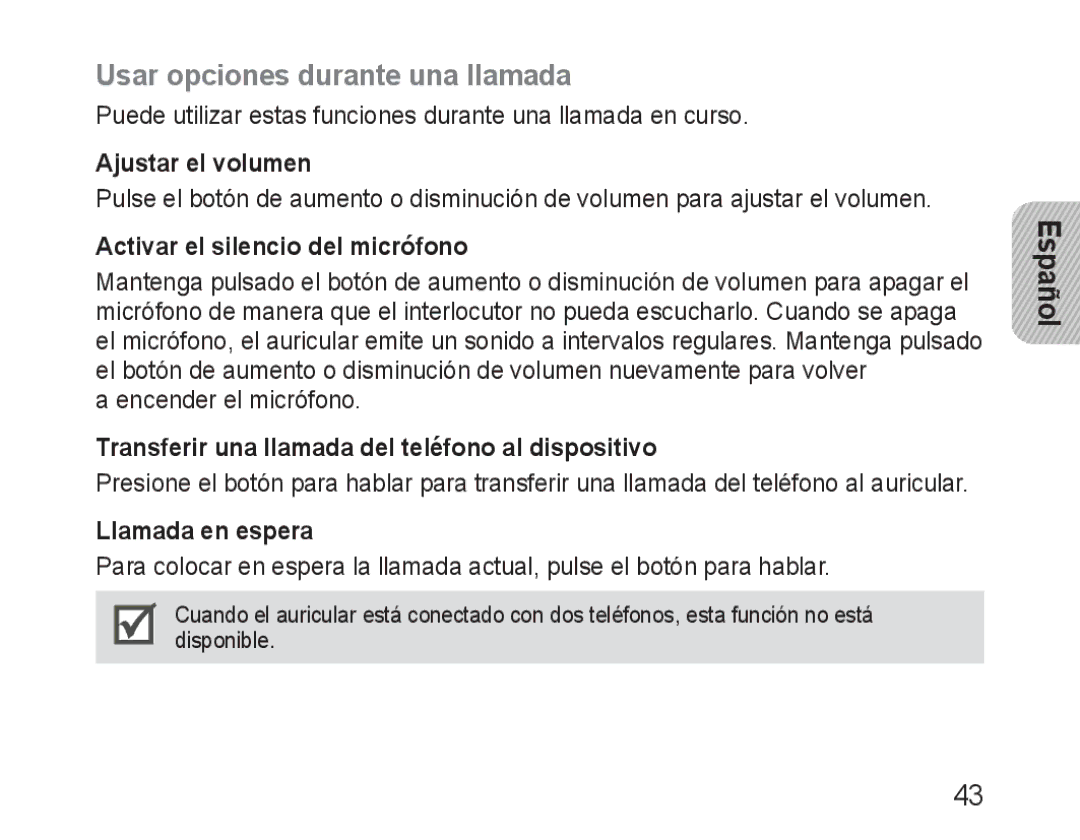 Samsung BHM1600EOECXEF manual Usar opciones durante una llamada, Ajustar el volumen, Activar el silencio del micrófono 