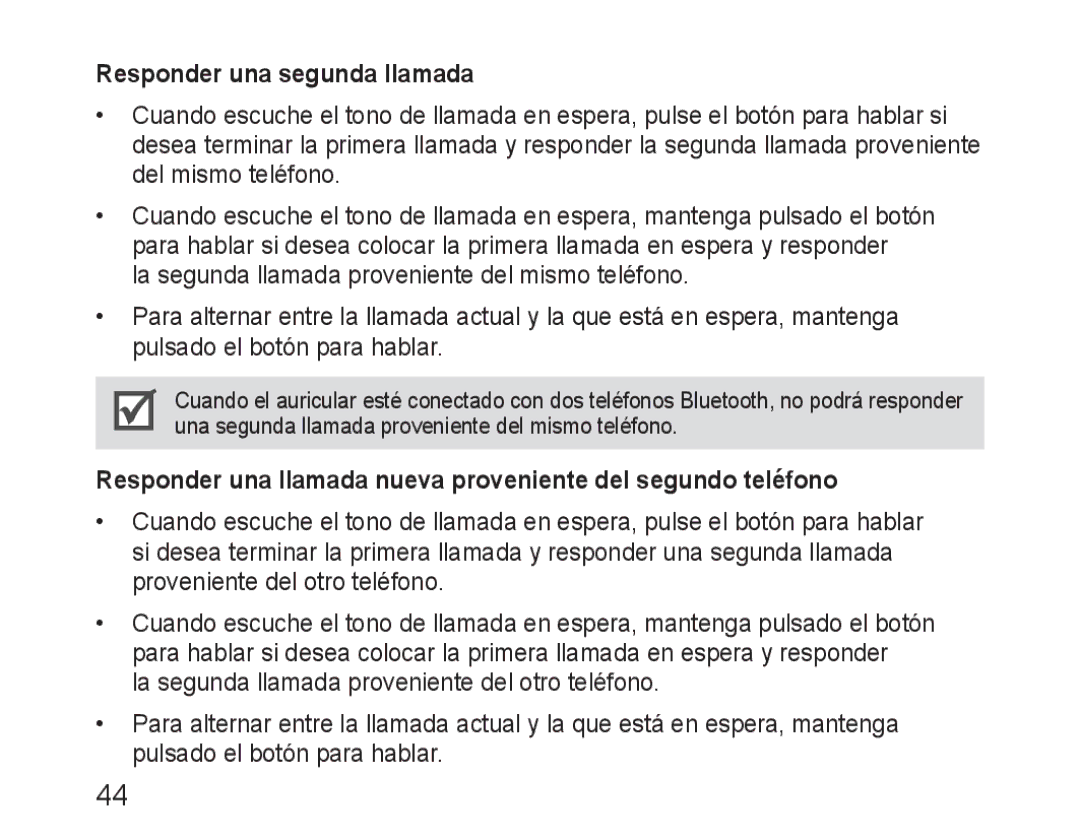 Samsung BHM1600EOECXET manual Responder una segunda llamada, Responder una llamada nueva proveniente del segundo teléfono 