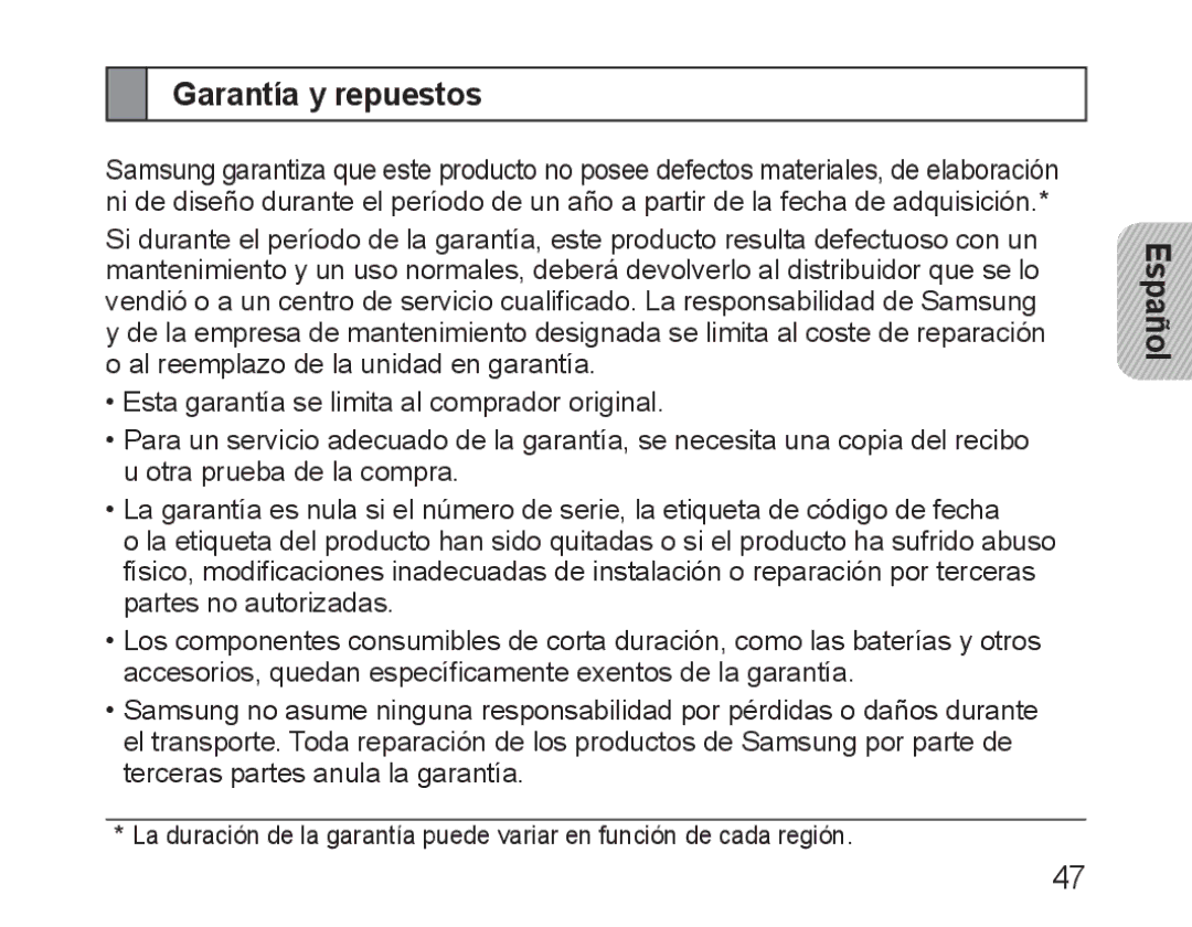 Samsung BHM1600EBECFOP, BHM1600EBECXEF, BHM1600EOECXEF, BHM1600EOECXET, BHM1600EBECXET, BHM1600EOECFOP Garantía y repuestos 