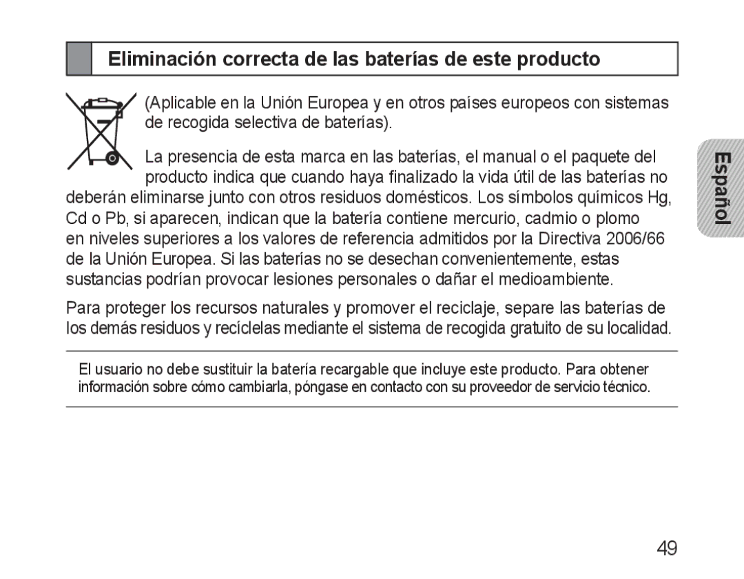 Samsung BHM1600EBECXEH, BHM1600EBECXEF, BHM1600EOECXEF, BHM1600EOECXET Eliminación correcta de las baterías de este producto 