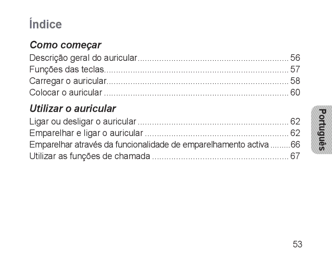 Samsung BHM1600EBECXEF, BHM1600EOECXEF, BHM1600EOECXET, BHM1600EBECXET, BHM1600EOECFOP, BHM1600EBECFOP manual Índice, Português 