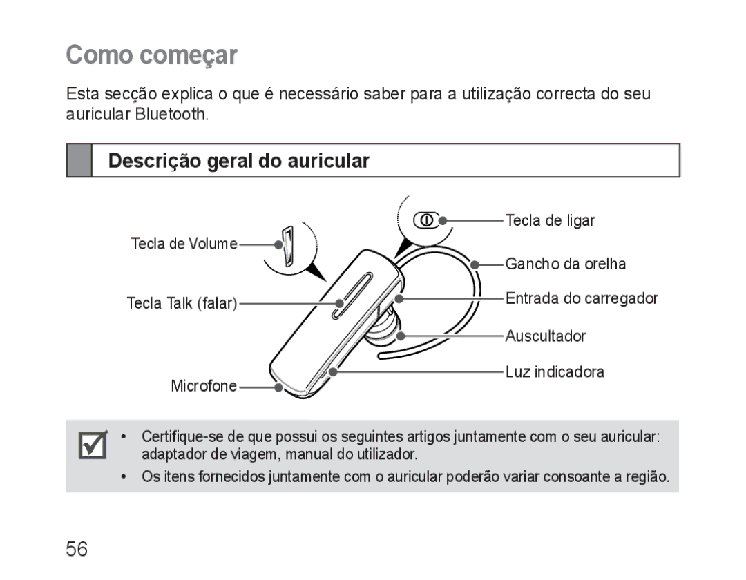 Samsung BHM1600EBECXET, BHM1600EBECXEF, BHM1600EOECXEF, BHM1600EOECXET manual Como começar, Descrição geral do auricular 