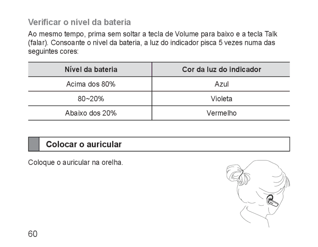 Samsung BHM1600EBECXEH manual Verificar o nível da bateria, Colocar o auricular, Nível da bateria Cor da luz do indicador 