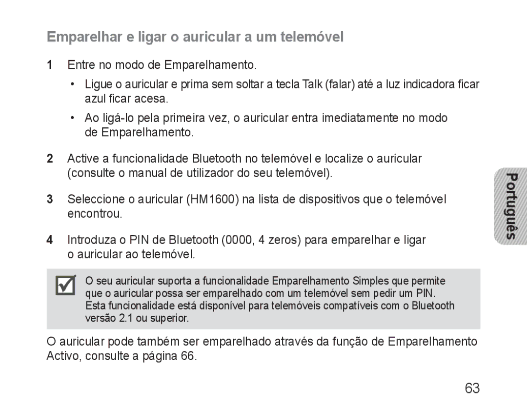 Samsung BHM1600EBECSER, BHM1600EBECXEF, BHM1600EOECXEF, BHM1600EOECXET manual Emparelhar e ligar o auricular a um telemóvel 