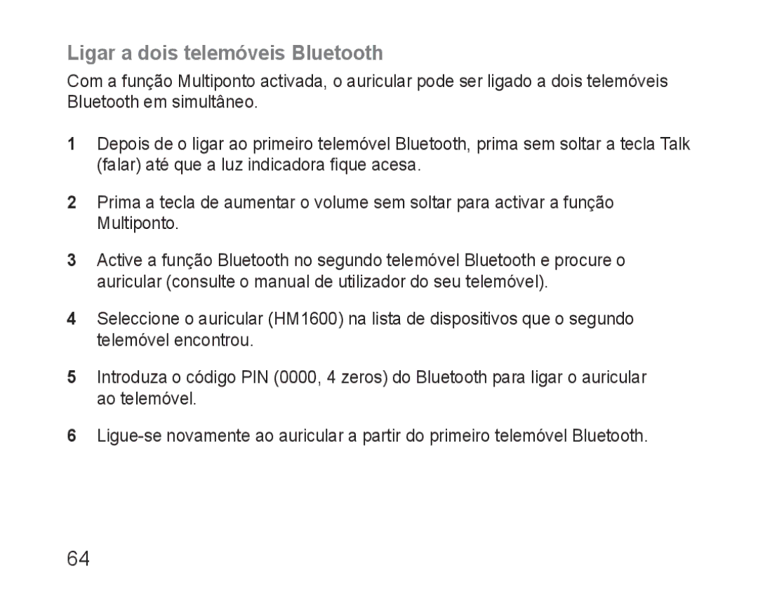 Samsung BHM1600EBECXEF, BHM1600EOECXEF, BHM1600EOECXET, BHM1600EBECXET, BHM1600EOECFOP manual Ligar a dois telemóveis Bluetooth 