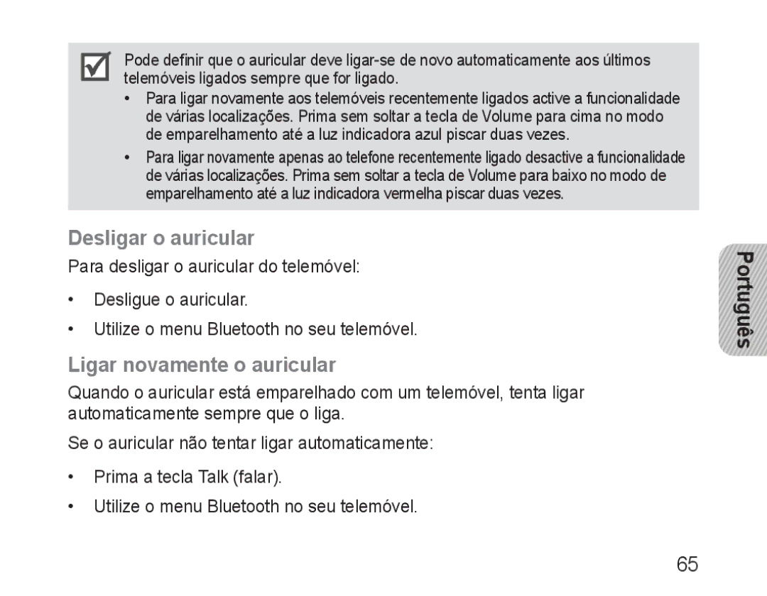 Samsung BHM1600EOECXEF, BHM1600EBECXEF, BHM1600EOECXET, BHM1600EBECXET Desligar o auricular, Ligar novamente o auricular 