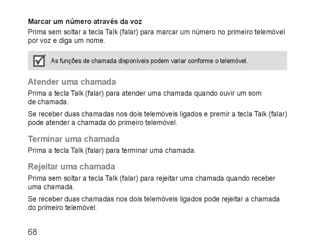 Samsung BHM1600EOECFOP Atender uma chamada, Terminar uma chamada, Rejeitar uma chamada, Marcar um número através da voz 