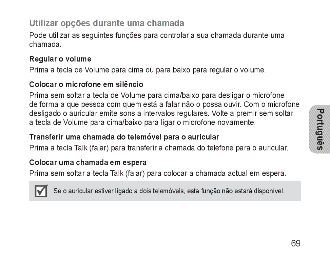 Samsung BHM1600EBECFOP manual Utilizar opções durante uma chamada, Regular o volume, Colocar o microfone em silêncio 