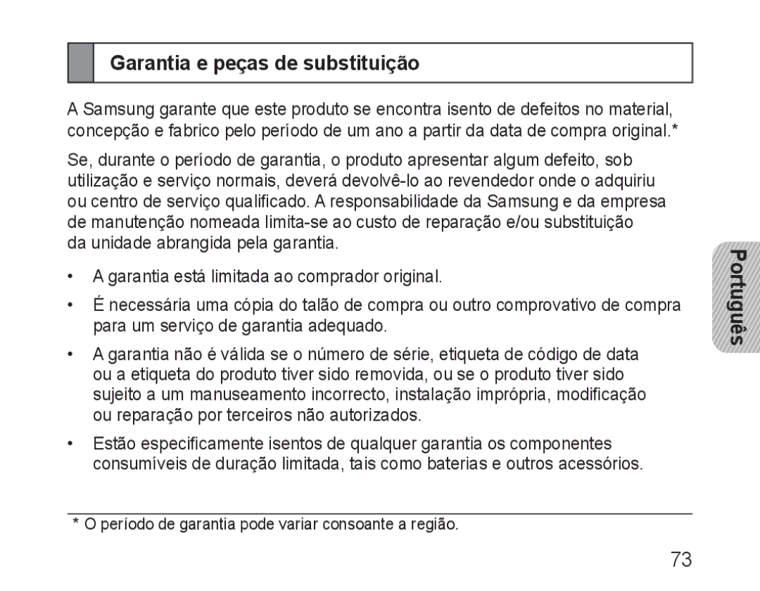 Samsung BHM1600EOECSER, BHM1600EBECXEF, BHM1600EOECXEF, BHM1600EOECXET, BHM1600EBECXET manual Garantia e peças de substituição 