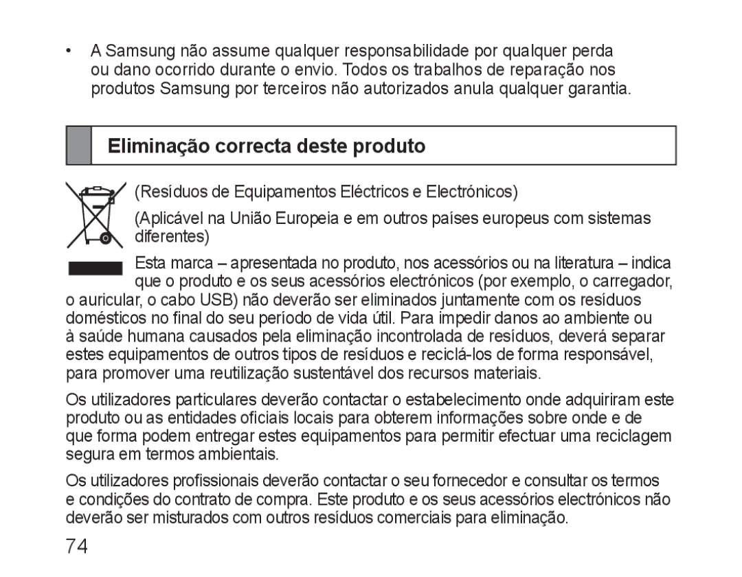 Samsung BHM1600EBECSER, BHM1600EBECXEF, BHM1600EOECXEF, BHM1600EOECXET, BHM1600EBECXET manual Eliminação correcta deste produto 