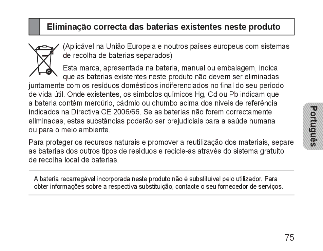 Samsung BHM1600EBECXEF, BHM1600EOECXEF, BHM1600EOECXET manual Eliminação correcta das baterias existentes neste produto 