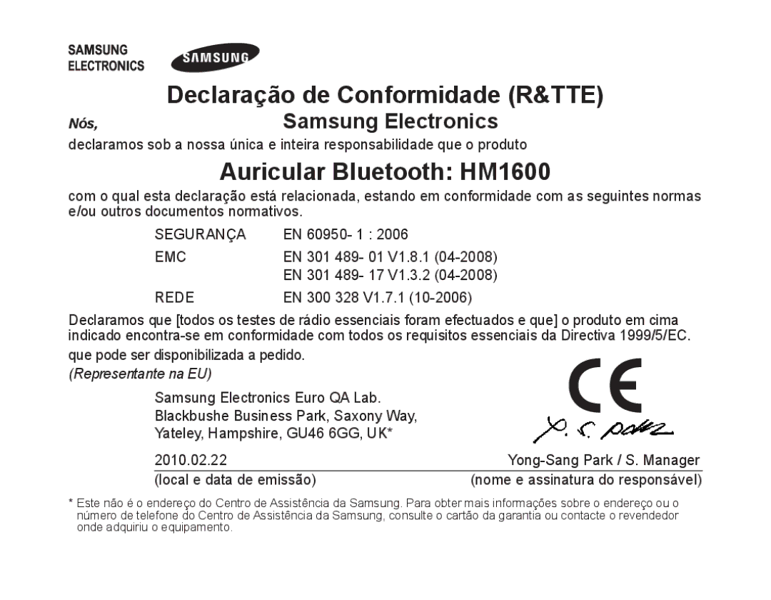 Samsung BHM1600EOECXET, BHM1600EBECXEF, BHM1600EOECXEF, BHM1600EBECXET, BHM1600EOECFOP manual Declaração de Conformidade R&TTE 