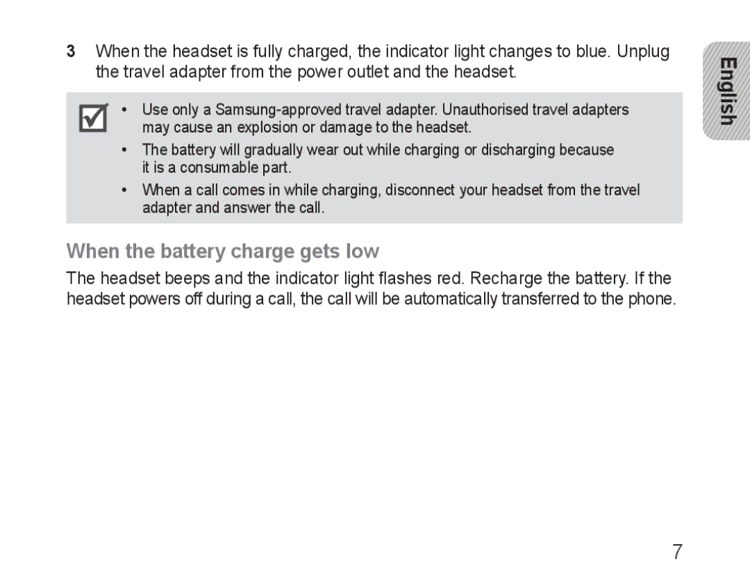 Samsung BHM1600EOECSER, BHM1600EBECXEF, BHM1600EOECXEF, BHM1600EOECXET, BHM1600EBECXET manual When the battery charge gets low 