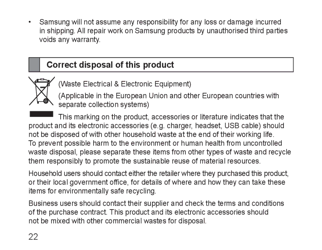 Samsung BHM1600EOECXET, BHM1600EBECXEF, BHM1600EOECXEF, BHM1600EBECXET, BHM1600EOECFOP manual Correct disposal of this product 