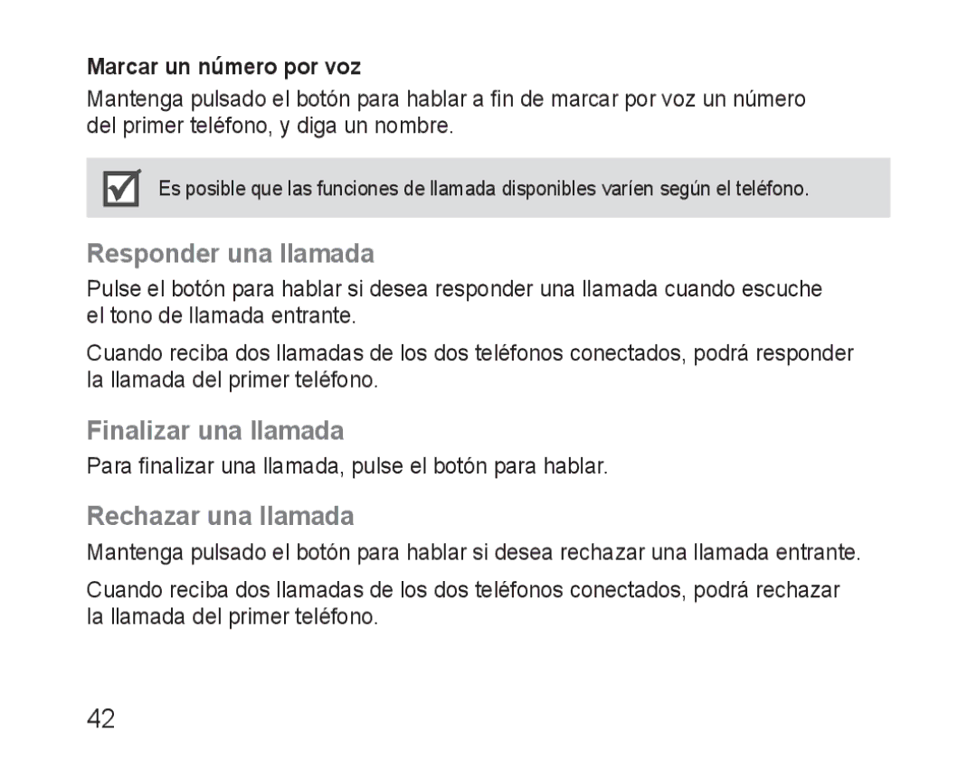 Samsung BHM1600EBECXEF manual Responder una llamada, Finalizar una llamada, Rechazar una llamada, Marcar un número por voz 