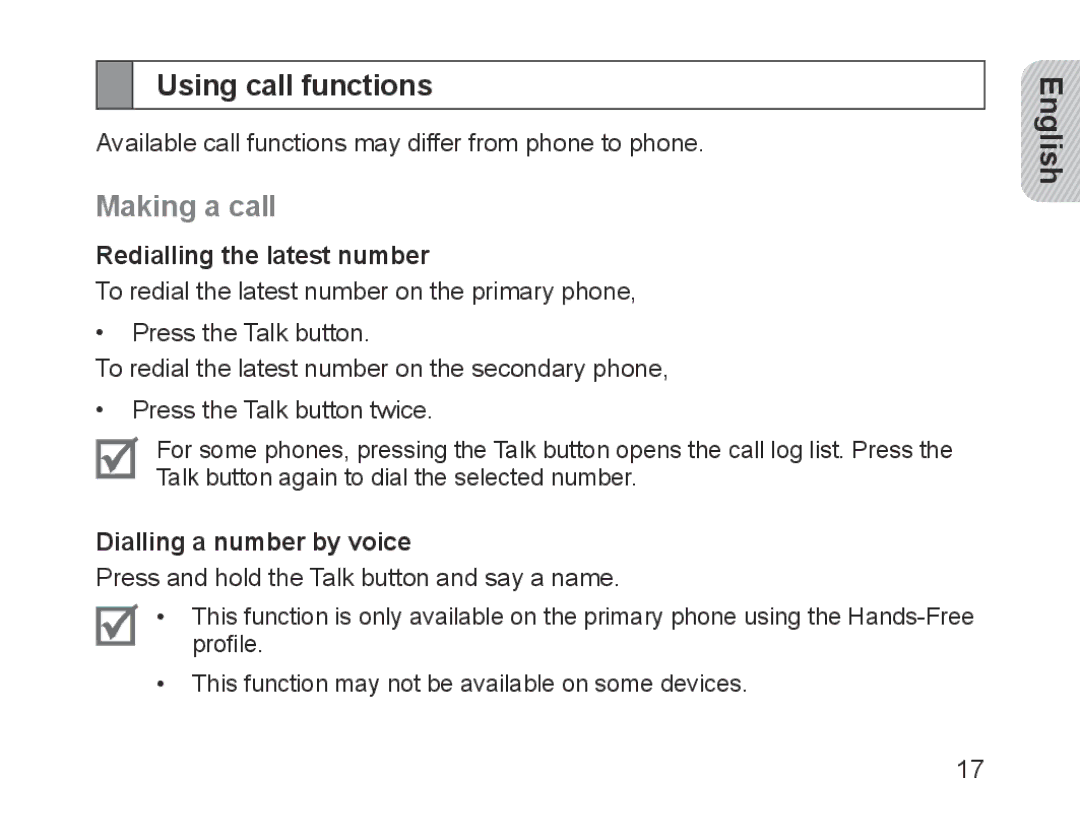 Samsung BHM1700EDRCSER manual Using call functions, Making a call, Redialling the latest number, Dialling a number by voice 