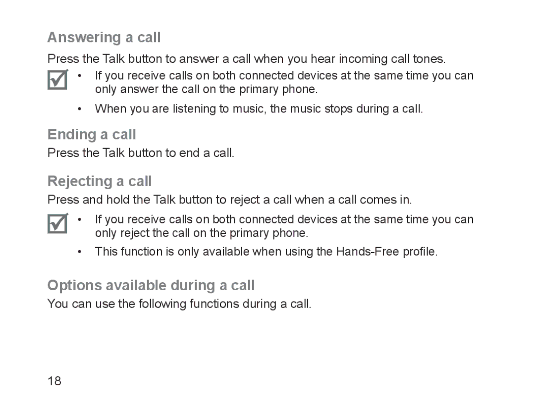 Samsung BHM1700EPRCSER, BHM1700VDECXEF Answering a call, Ending a call, Rejecting a call, Options available during a call 