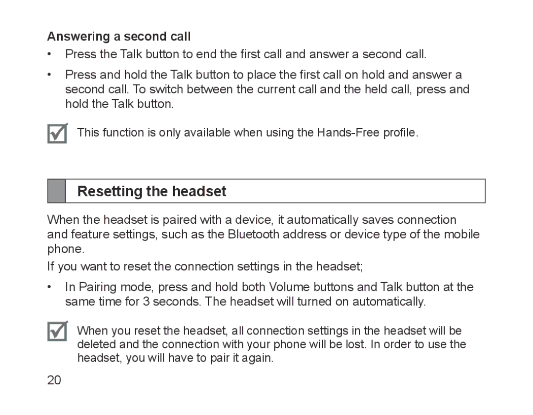 Samsung BHM1700VPECXEF, BHM1700VDECXEF, BHM1700EDECXEF, BHM1700EBECXEF manual Resetting the headset, Answering a second call 