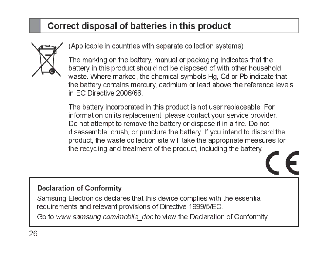 Samsung BHM1700EDECFOP, BHM1700VDECXEF manual Correct disposal of batteries in this product, Declaration of Conformity 