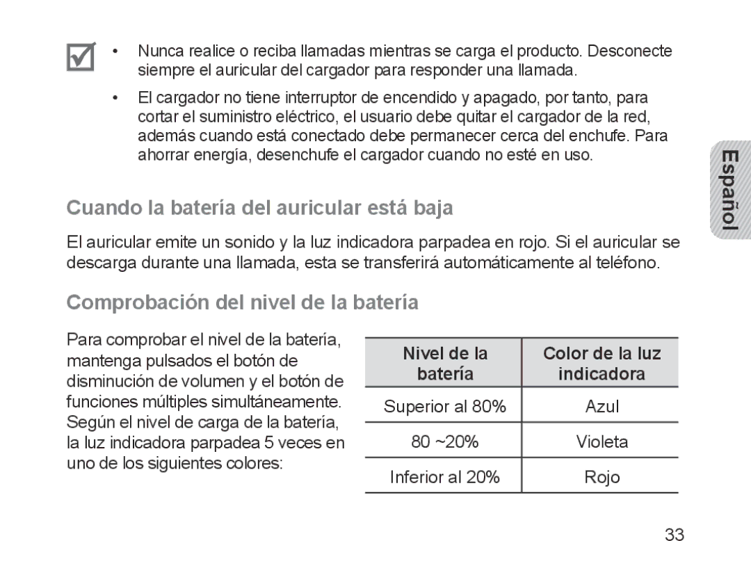 Samsung BHM1700EDECEUR, BHM1700VDECXEF Cuando la batería del auricular está baja, Comprobación del nivel de la batería 