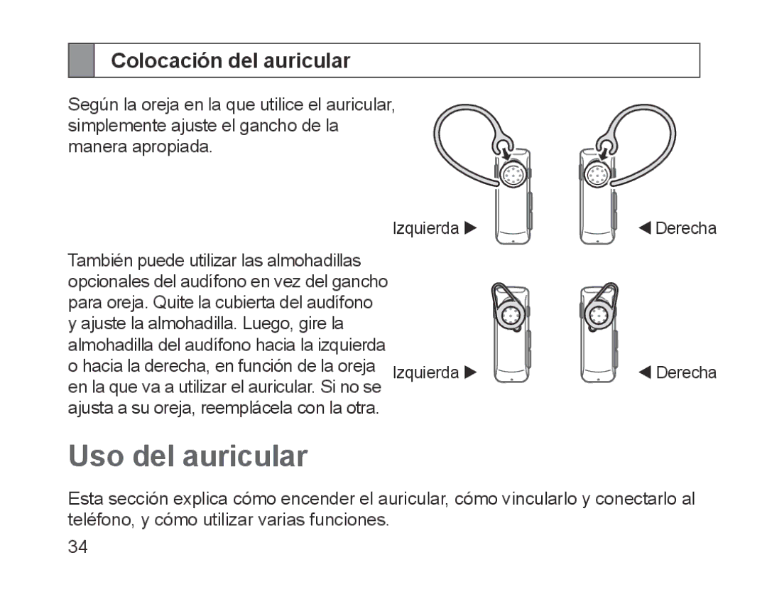 Samsung BHM1700EDECILO, BHM1700VDECXEF, BHM1700VPECXEF, BHM1700EDECXEF manual Uso del auricular, Colocación del auricular 