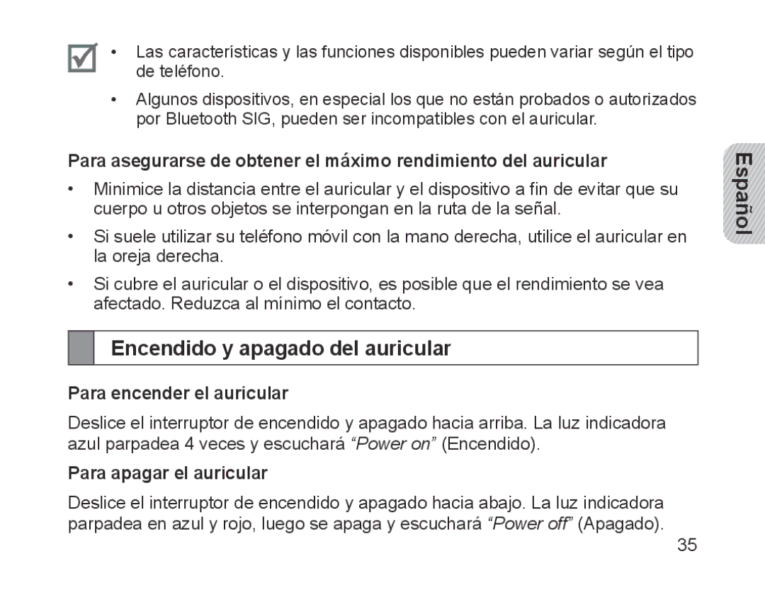 Samsung BHM1700EDECHAT manual Encendido y apagado del auricular, Para encender el auricular, Para apagar el auricular 