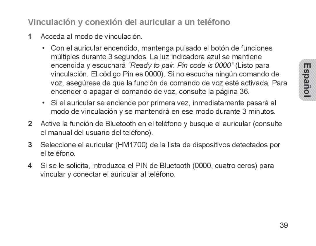 Samsung BHM1700EPRCSER, BHM1700VDECXEF, BHM1700VPECXEF, BHM1700EDECXEF Vinculación y conexión del auricular a un teléfono 