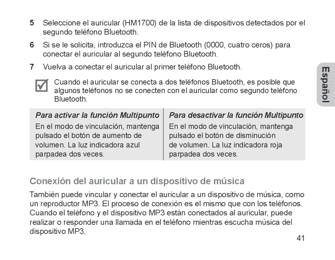 Samsung BHM1700VPECXEF manual Conexión del auricular a un dispositivo de música, Para activar la función Multipunto 