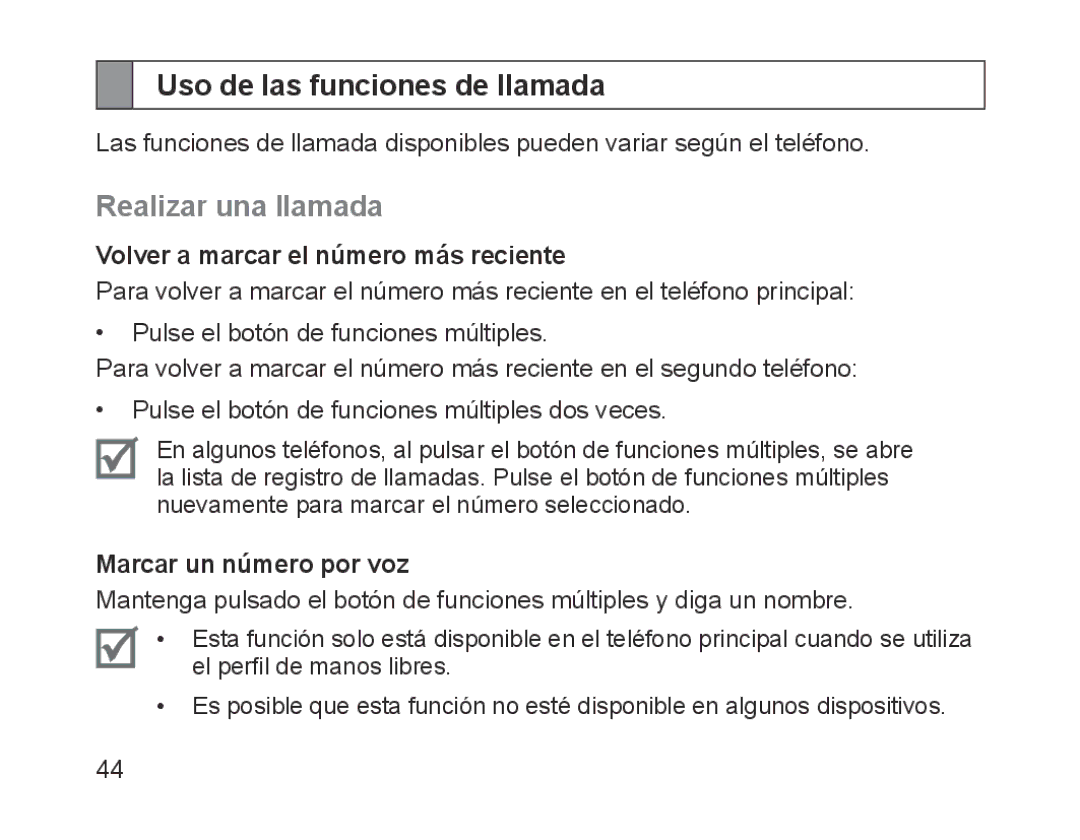 Samsung BHM1700EPECXEF manual Uso de las funciones de llamada, Realizar una llamada, Volver a marcar el número más reciente 