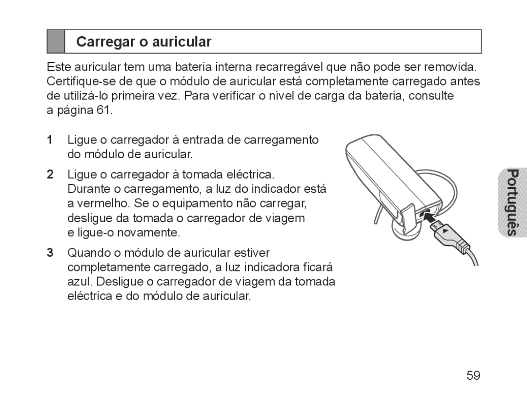 Samsung BHM1700EDRCSER, BHM1700VDECXEF, BHM1700VPECXEF, BHM1700EDECXEF, BHM1700EBECXEF, BHM1700EPECXEF Carregar o auricular 