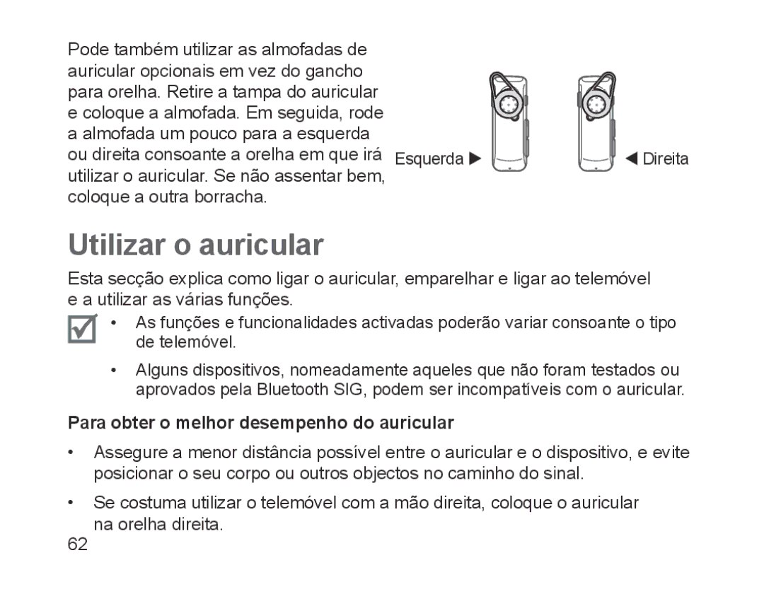 Samsung BHM1700VPECXEF, BHM1700VDECXEF, BHM1700EDECXEF Utilizar o auricular, Para obter o melhor desempenho do auricular 