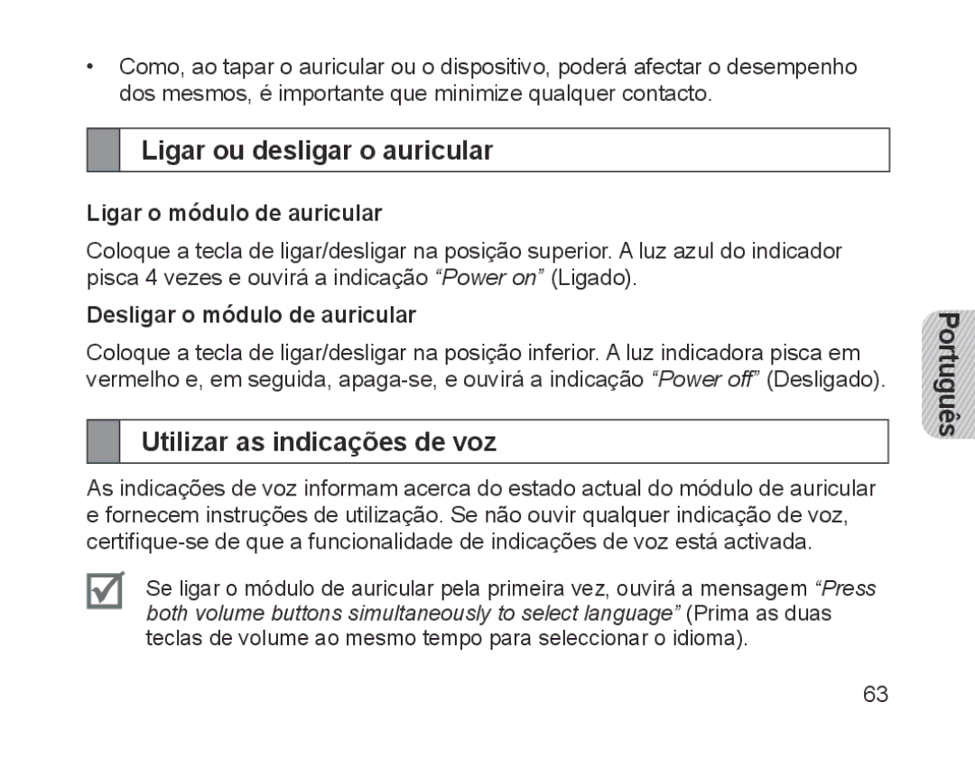 Samsung BHM1700EDECXEF manual Ligar ou desligar o auricular, Utilizar as indicações de voz, Ligar o módulo de auricular 