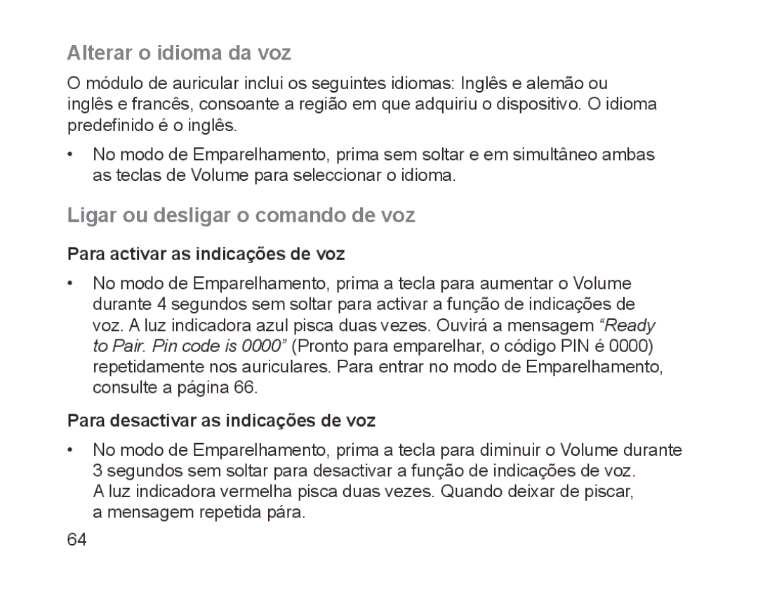 Samsung BHM1700EBECXEF Alterar o idioma da voz, Ligar ou desligar o comando de voz, Para activar as indicações de voz 