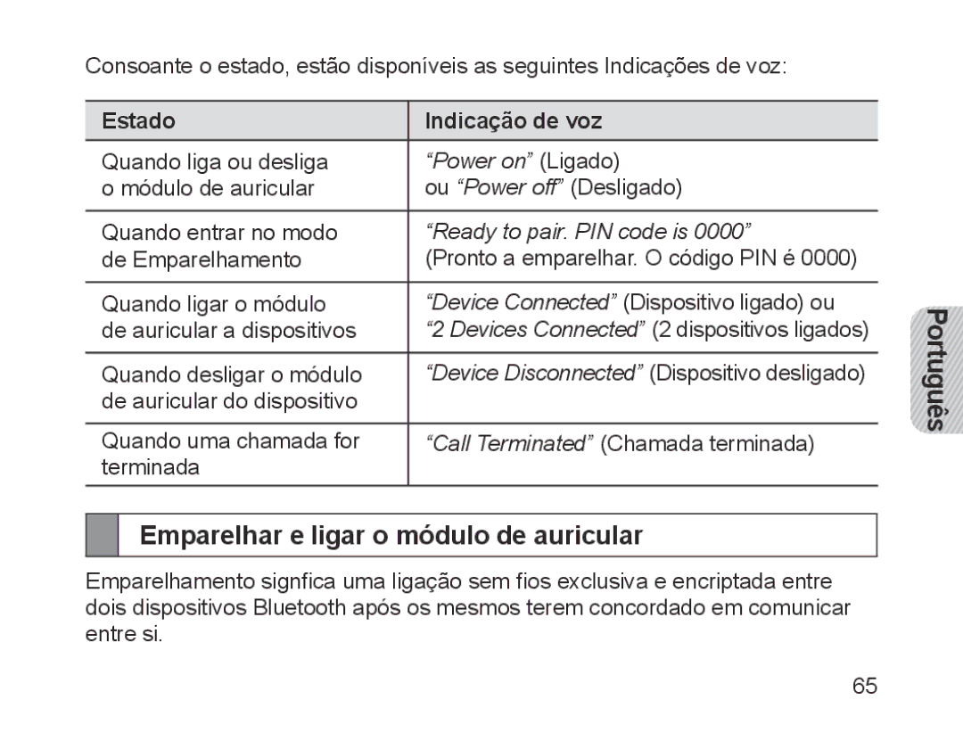 Samsung BHM1700EPECXEF, BHM1700VDECXEF, BHM1700VPECXEF Emparelhar e ligar o módulo de auricular, Estado Indicação de voz 