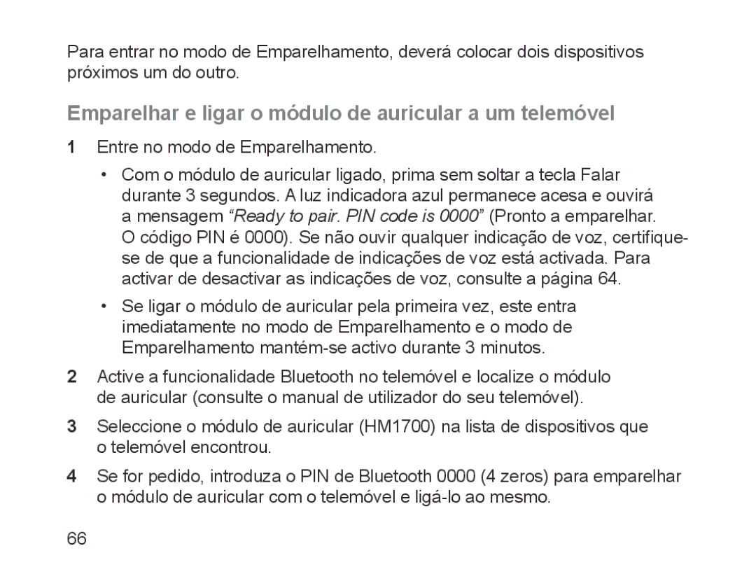 Samsung BHM1700EDECXET, BHM1700VDECXEF, BHM1700VPECXEF manual Emparelhar e ligar o módulo de auricular a um telemóvel 