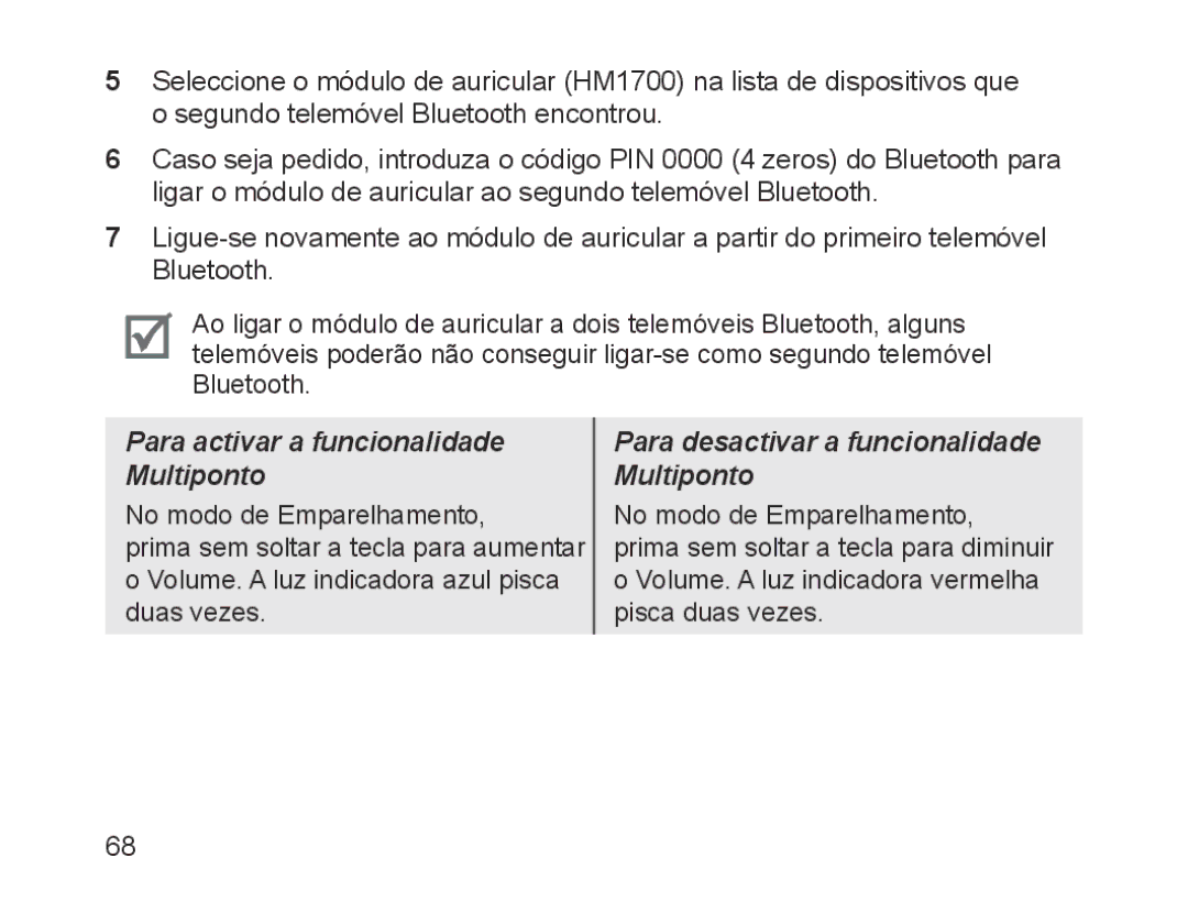 Samsung BHM1700EDECFOP, BHM1700VDECXEF, BHM1700VPECXEF, BHM1700EDECXEF manual Para activar a funcionalidade Multiponto 