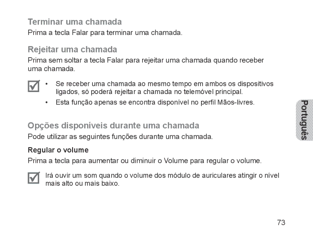 Samsung BHM1700EDECXEE, BHM1700VDECXEF Terminar uma chamada, Rejeitar uma chamada, Opções disponíveis durante uma chamada 