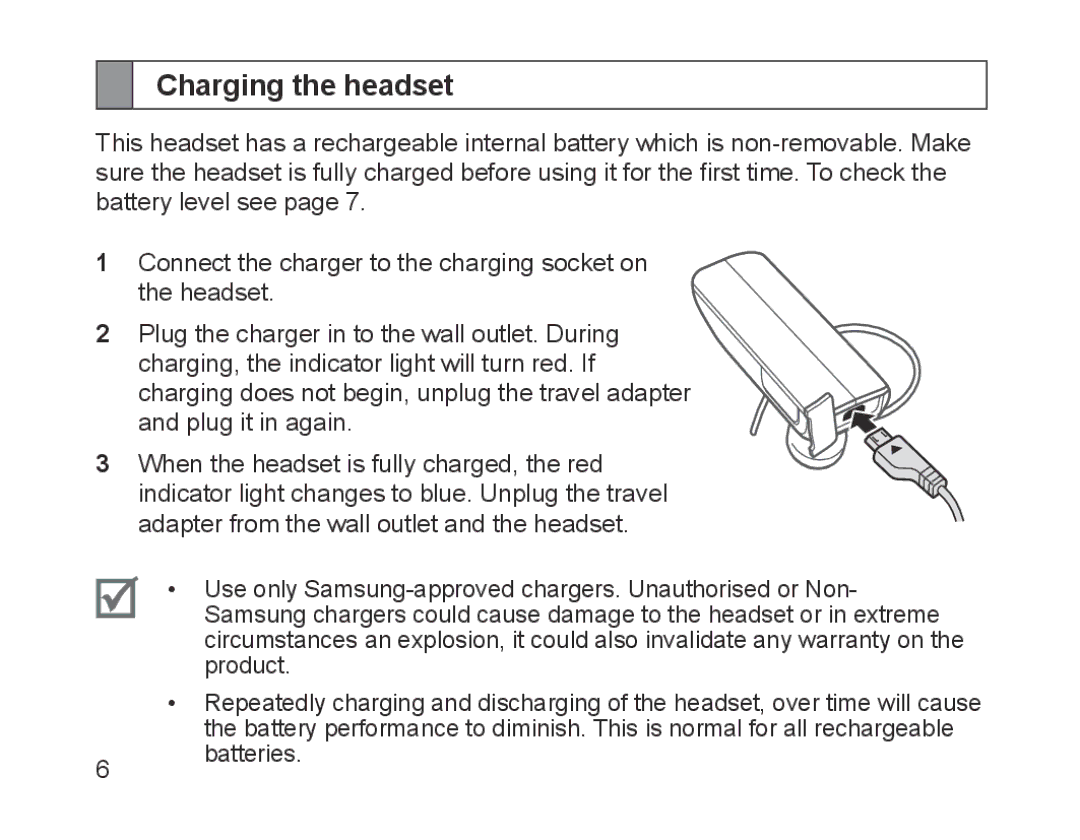 Samsung BHM1700EDECXEV, BHM1700VDECXEF, BHM1700VPECXEF, BHM1700EDECXEF, BHM1700EBECXEF, BHM1700EPECXEF Charging the headset 